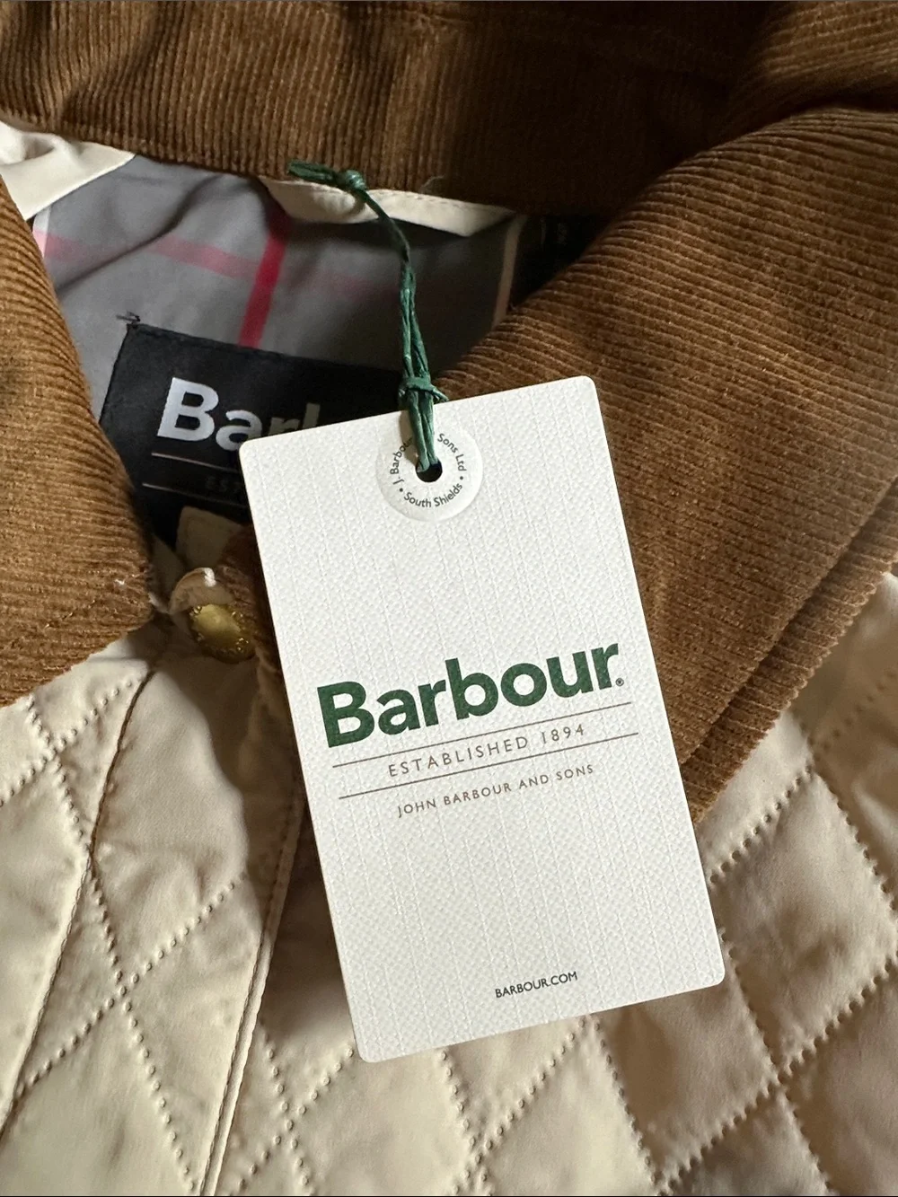 Barbour Quilted Cream Puffer Jacket with Brown Cord Collar - Picture 2 of 6